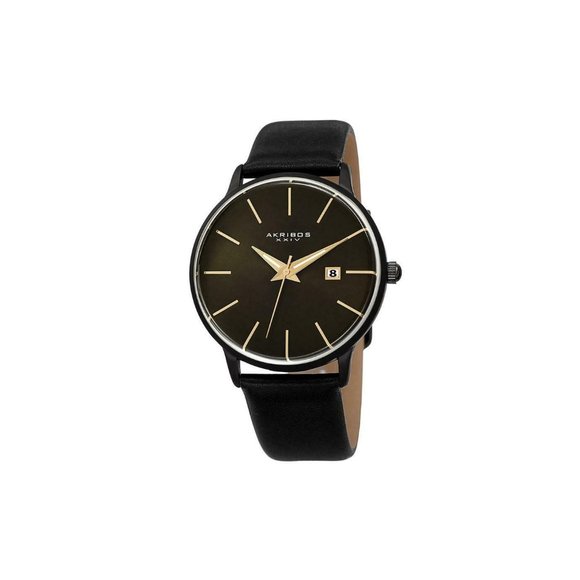 Men's Akribos Sunray Dial Black Leather Watch - Picture 1 of 2
